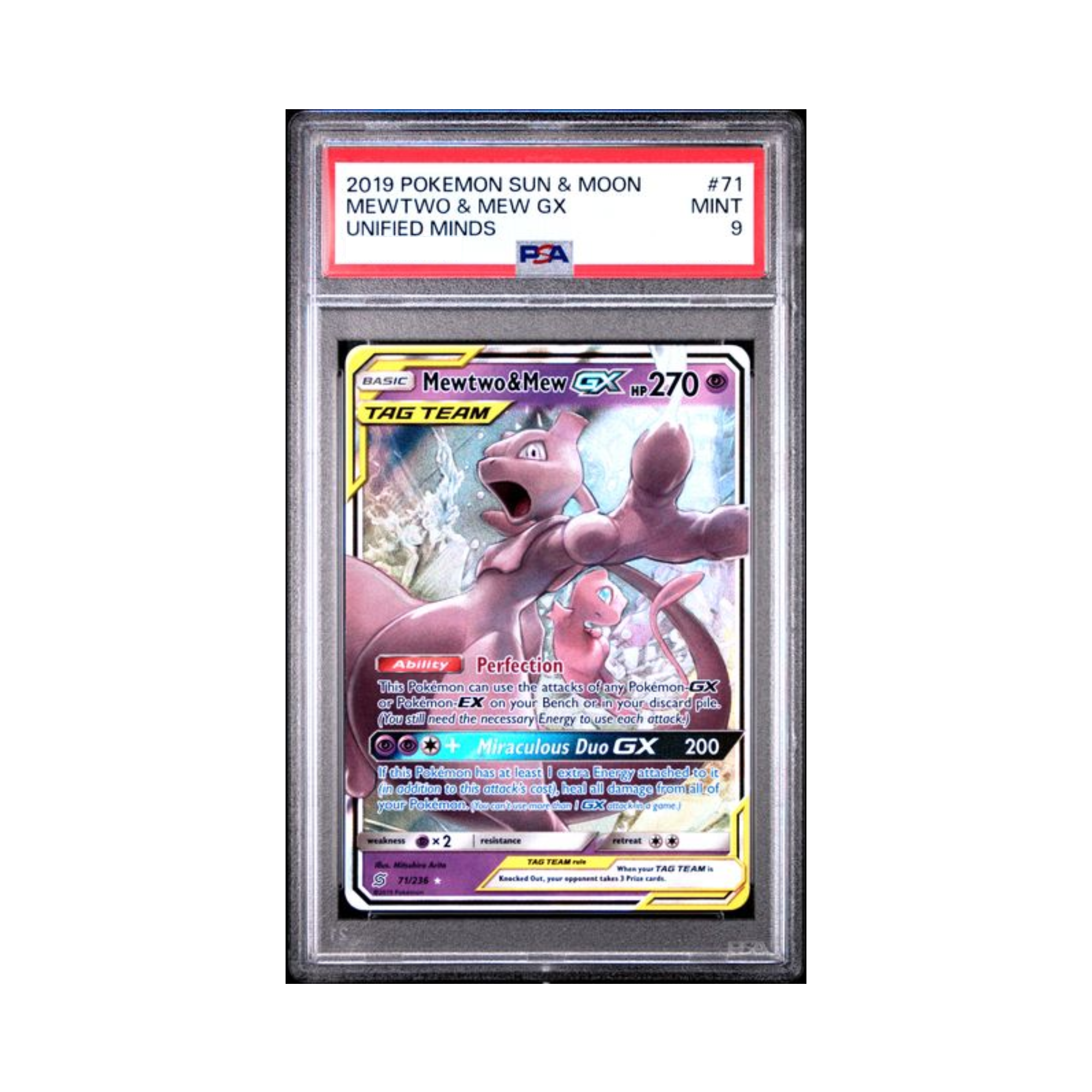 2019 Pokemon Sun And Moon Mewtwo and Mew GX Unified Minds PSA 9